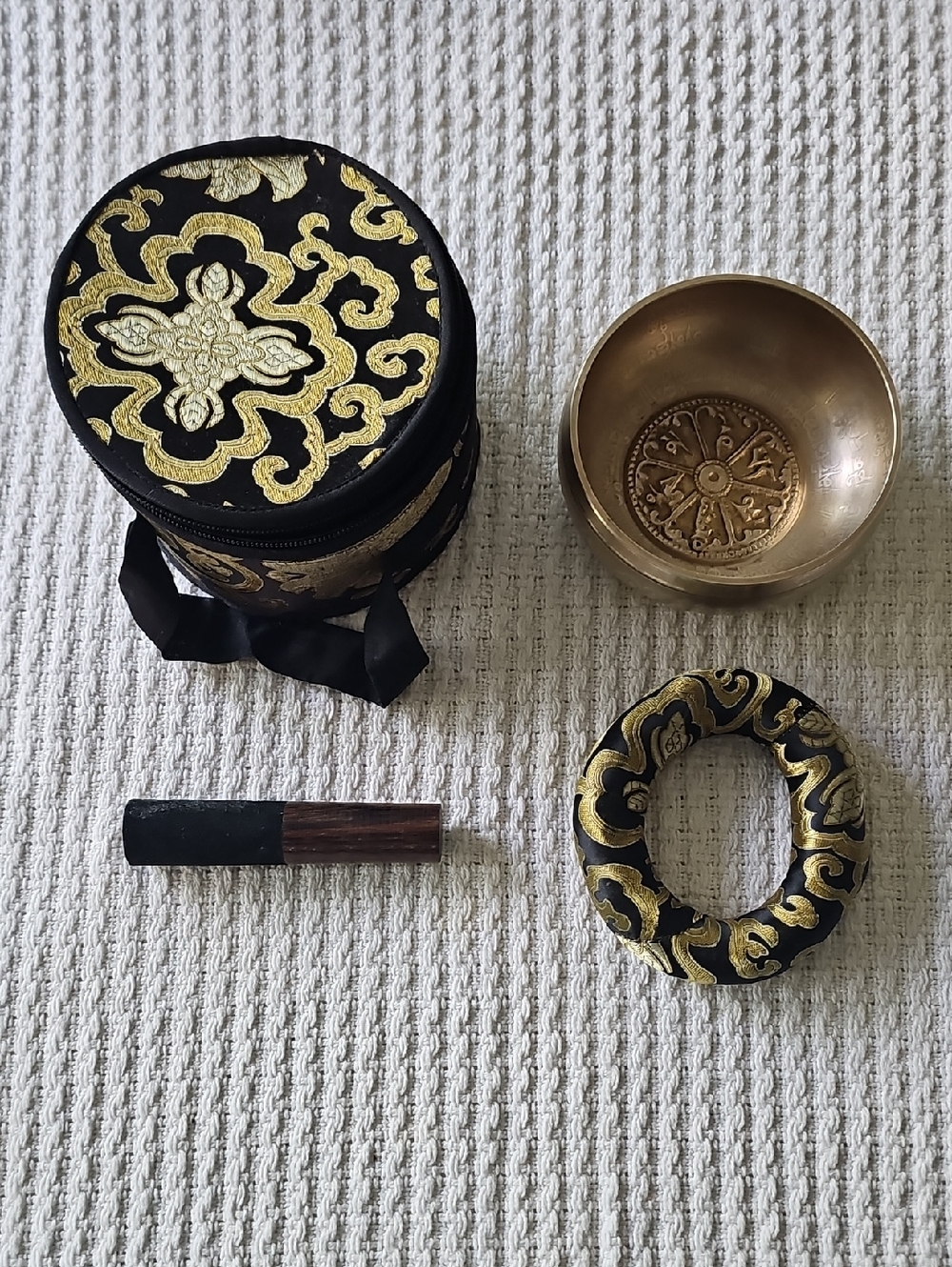 Black and Gold Embroidered Travel Pouch with Singing Bowl Set